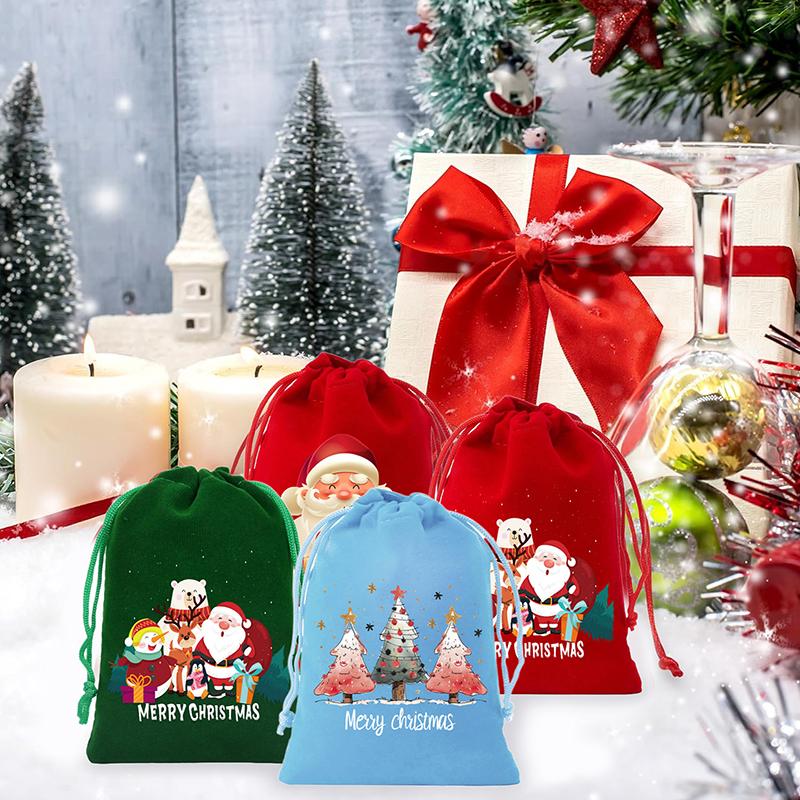 Velvet Christmas Bags With Drawstring - 7Pcs For Wrapping Christmas Party Favors Or Gifts For Friends, Children, Customers