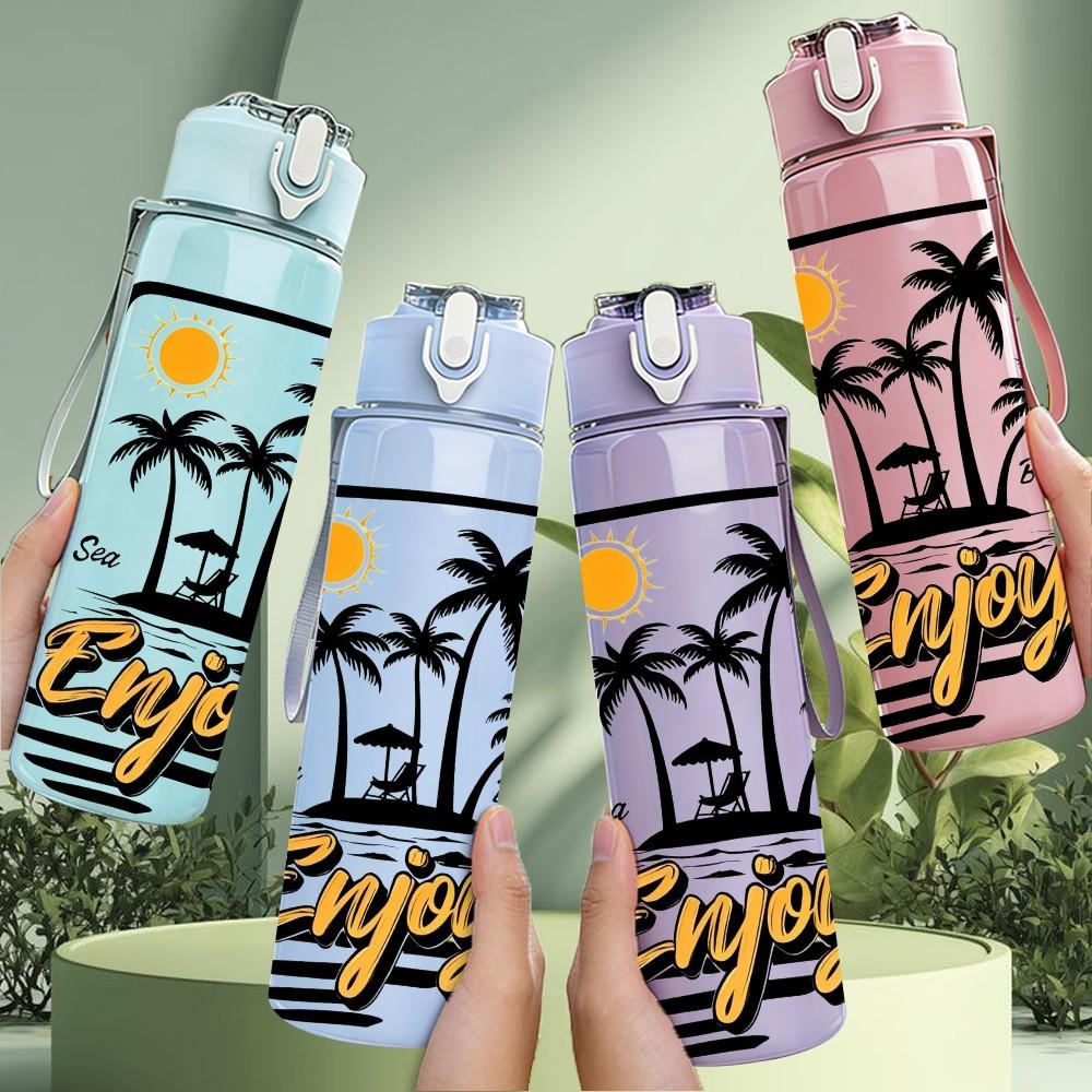 1PC Enjoy Beach Palm Tree 750ml Color Plastic Sports Water Bottle Leakproof Flip Straw Lid Suitable for Sports Office Home Use