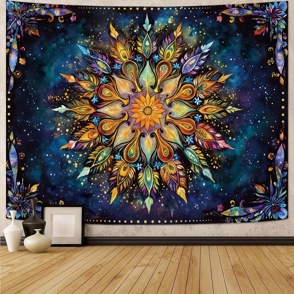 Bohemian Peacock Feather Mandala Tapestry, Colorful Floral Print with Starry Galaxy Background Large Wall Hanging for Bedroom