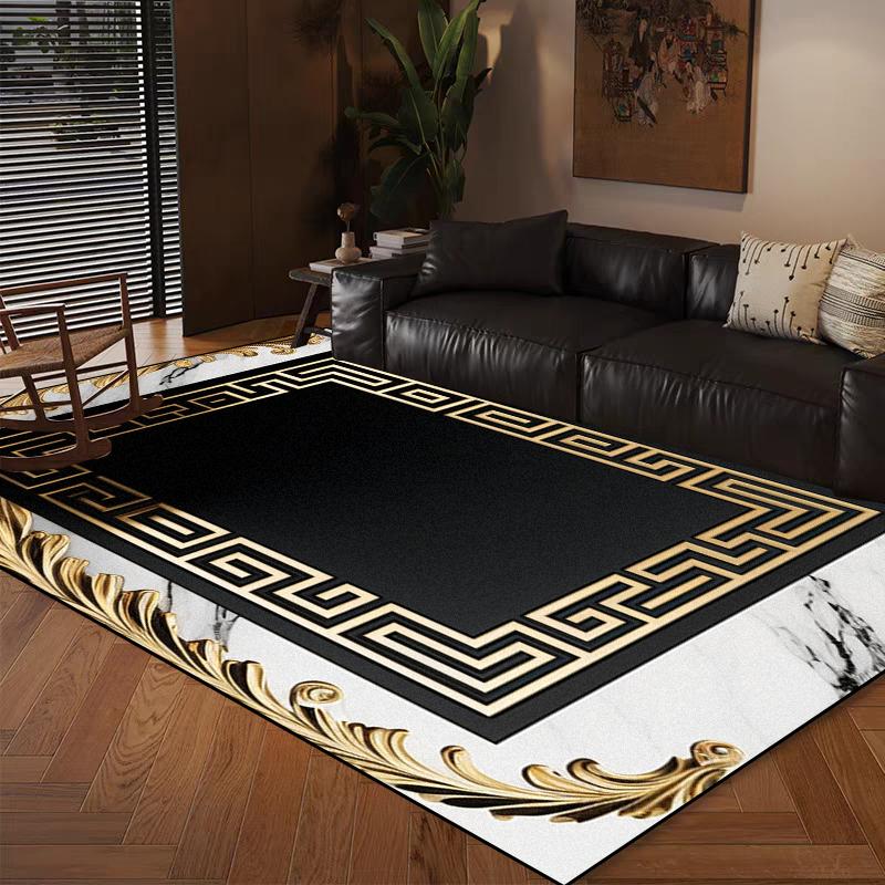 Home Decoration Modern Luxury Large Living Room Antiskid Carpet Soft Bedroom Cloakroom Mats Easy Cleaning Lounge Rug Black Gold