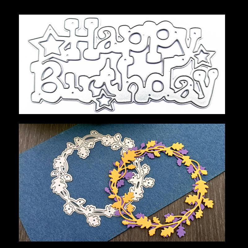 Stampo per goffratura Stampo per fustelle in metallo Stampo per buon compleanno e foglie rotonde Fustelle Coltello Punzonatura Stampo per carta Stencil Lettere per album artigianali