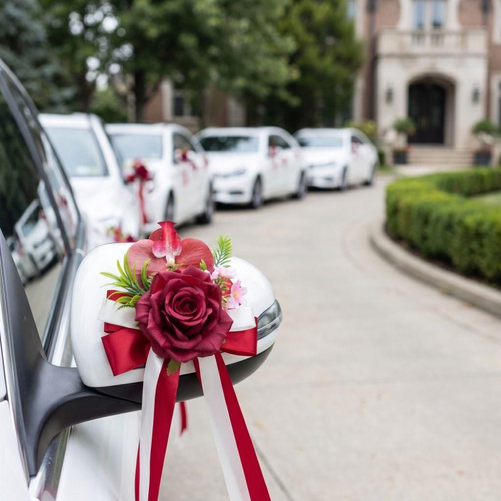 Simulation Rose Wedding Decor Ribbon Bow Car Decoration Bow Floral Ornaments Wedding Party Layout