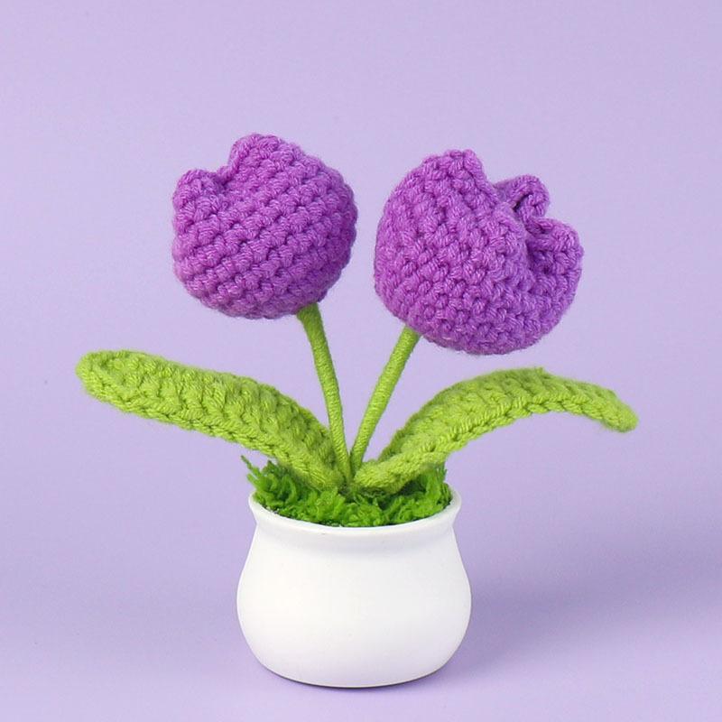 Tulips Crochet Flower Potted Cerative Handmade Knitted Flowers Artificial Flowers Decoration Car Desktop Home Decor