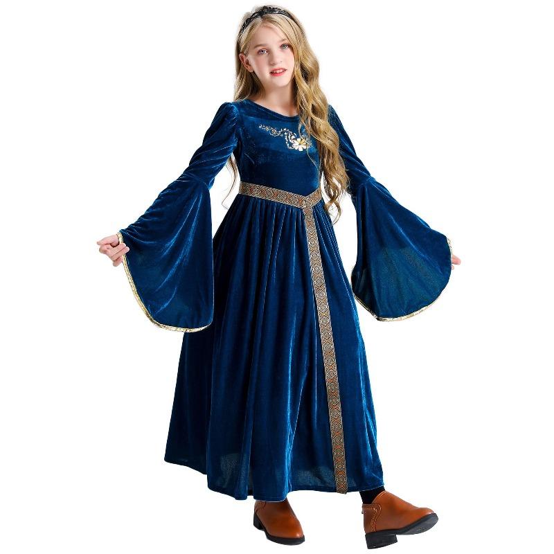 

alloween children s medieval court princess costumes, girls vintage dresses, girls stage drama costumes 150cm темно-синього кольору
