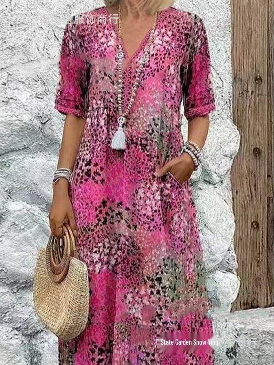 Nuevo Vestido Estampado con Escote en V y Ribete de Encaje Estilo Europeo y Americano