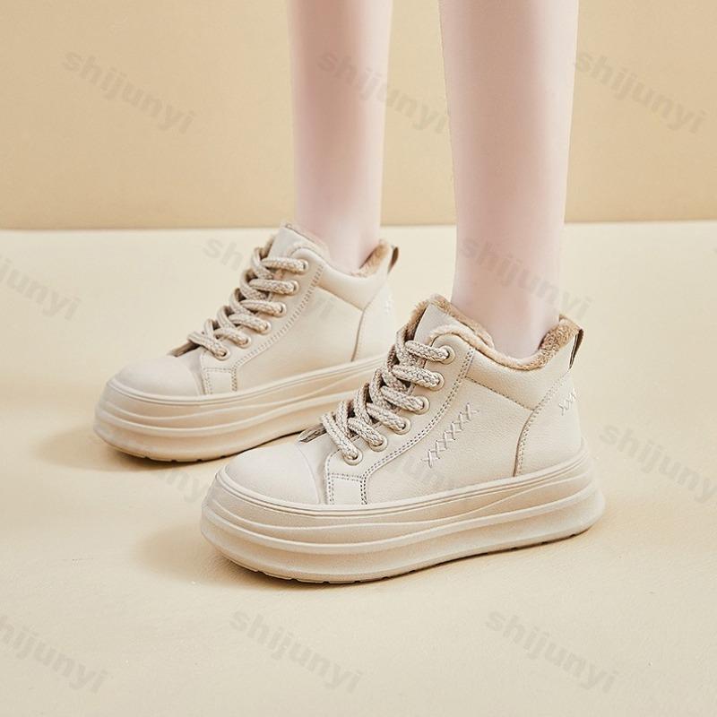 Winter New Women's Warm Plush Sneakers Trendy High Top Lace Up Thick Soled Cotton Shoes Outdoor Thicken Warm Non Slip Snow Boots