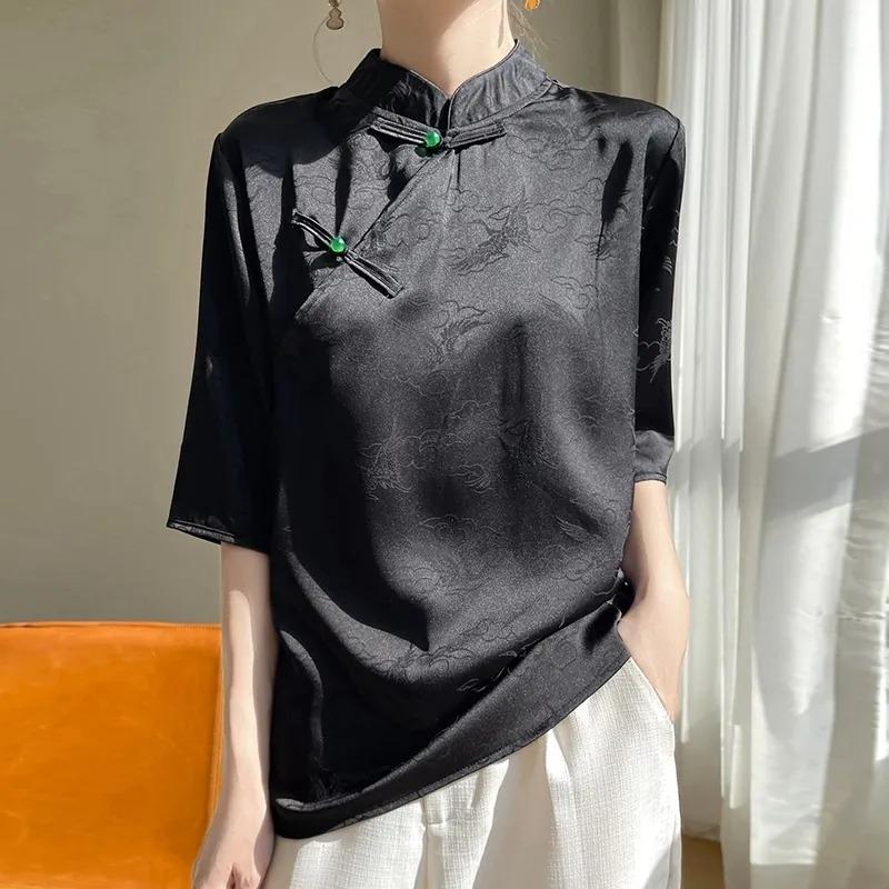 New Chinese-style Chinese-style Buttoned Five-point Shirt Popular Summer Stand-up Collar Satin Jacquard Acetate Temperament Top