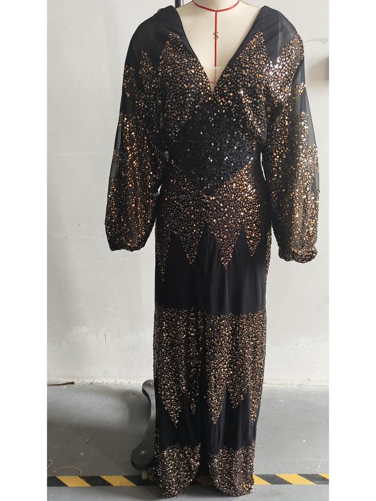 Sizzling European & American Chiffon V-Neck Sequin Evening Gown with Slit & Waist-Cinching Long Sleeves