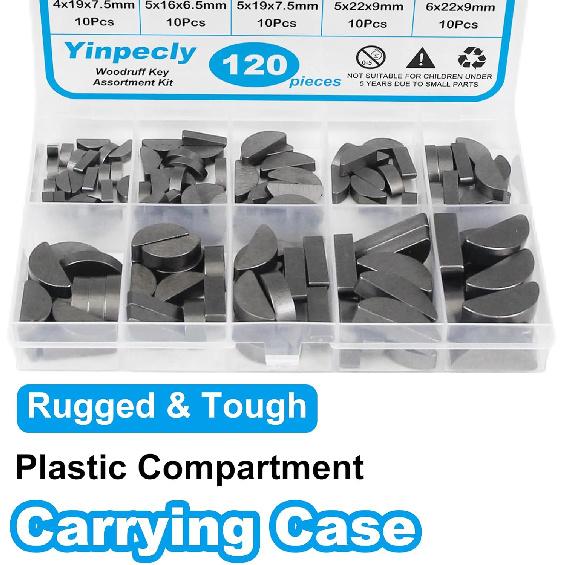 Yinpecly 120Pcs Woodruff Key Assortment Kit, 10 Popular Sizes Of Half Moon Keys, Metric Keyway And Key Stock Set,Woodruff Semicircle Key, Shaft Crank