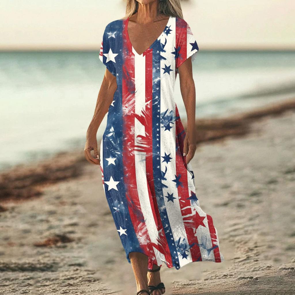 Sommerkleid Damen Lang Strandkleid Elegantes Kleid V-Ausschnitt Kurzarm Sommerkleid Leicht Luftig