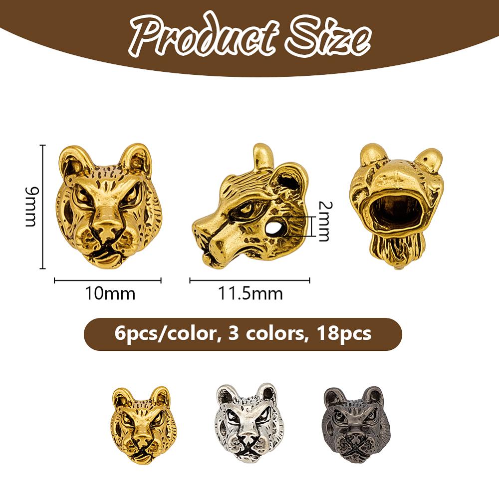 1set 18pcs 3 Colors Style Alloy Beads Tiger Head Mixed Color 11.5x10x9mm Hole: 1.6~1.9mm 6pcs/color