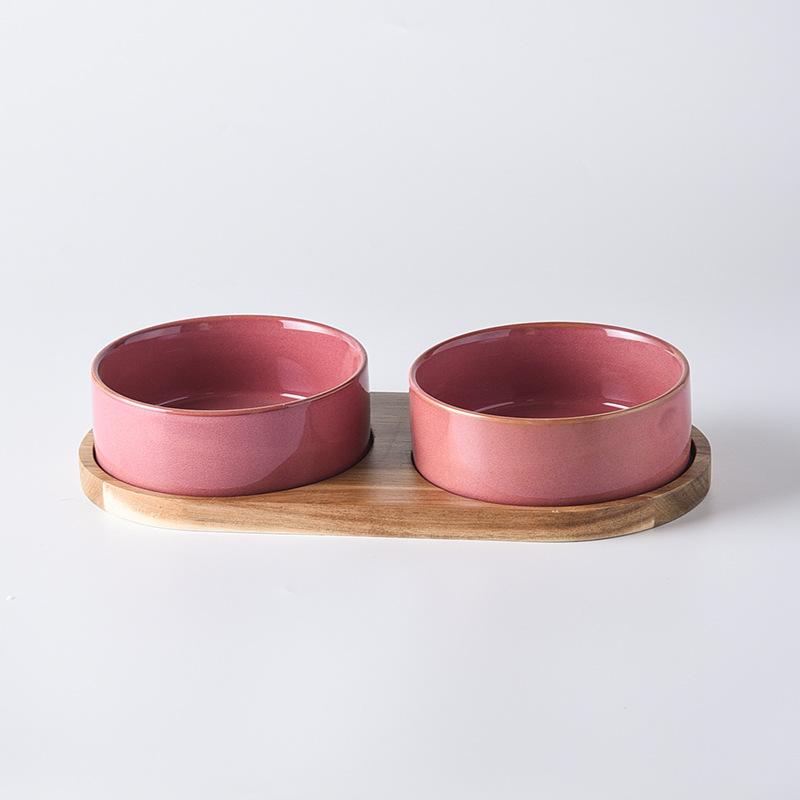 

Dog Bowl Ceramic Matte Pet Bowl Cervical Spine Protector Anti Knock Over Wooden Tray Pet Feeding Supplies Cat Accessories 13cm 400ML