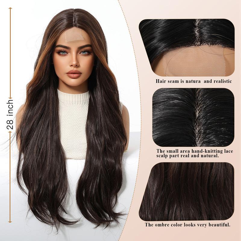Brown Highlights Synthetic Wigs Hairline Lace Frontal Wave Layered Wigs for Women Ladies Daily Use Natural Wigs Heat Resistant