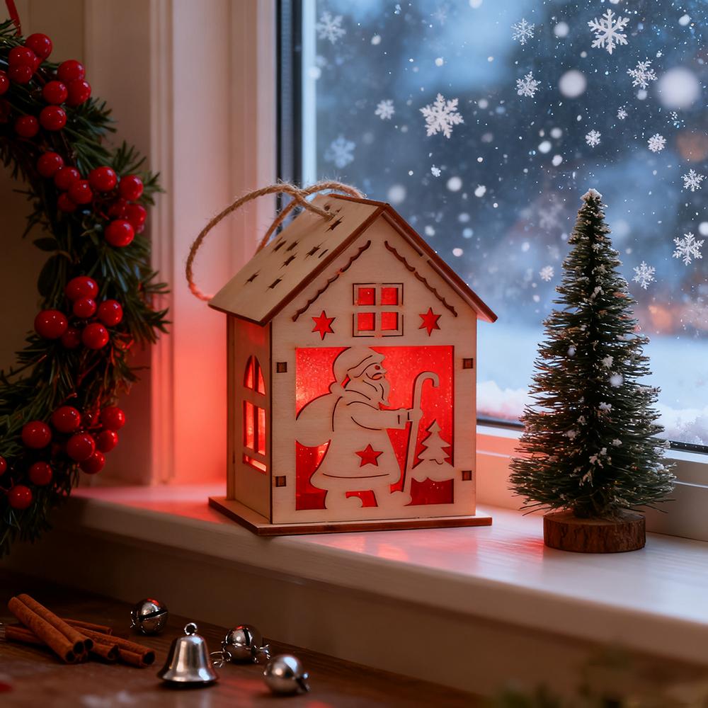 Christmas Tree Ornament, 2pcs Wooden Luminous Pendant Christmas Creative Small House Pendant for Xmas New Year  Home Party Decor