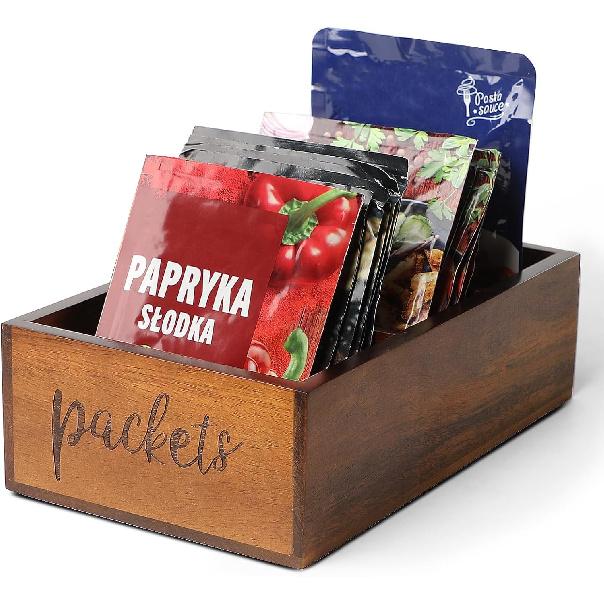 Packet Organizer,Acacia Wood Packet Storage Organizer with 3 Compartments,Farmhouse Kitchen Organization for Spice, Gravy, Taco, and Dressings