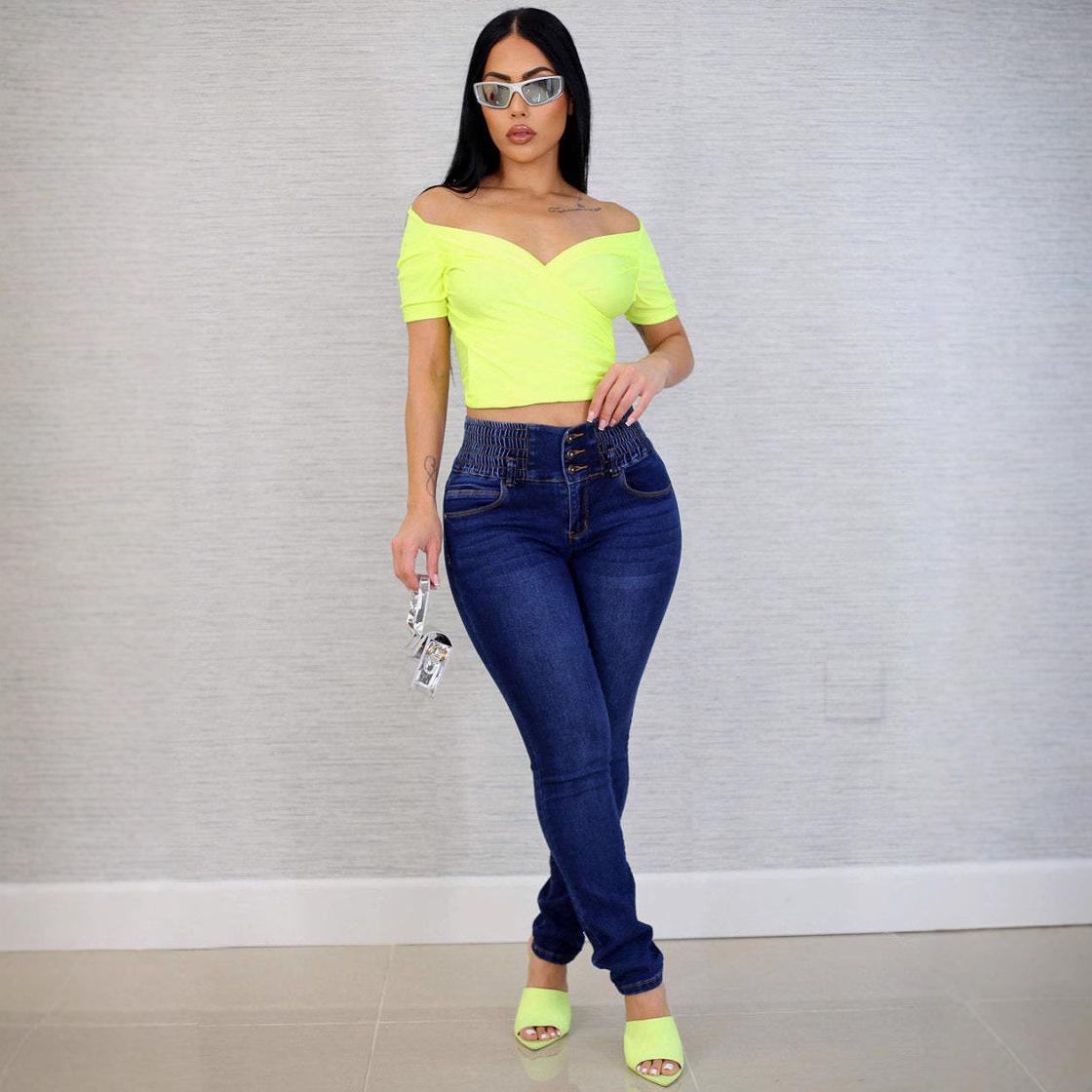 Women s High-Waisted Slimming Jeans - Plus Size Button-Up Skinny Pants M темно-синий