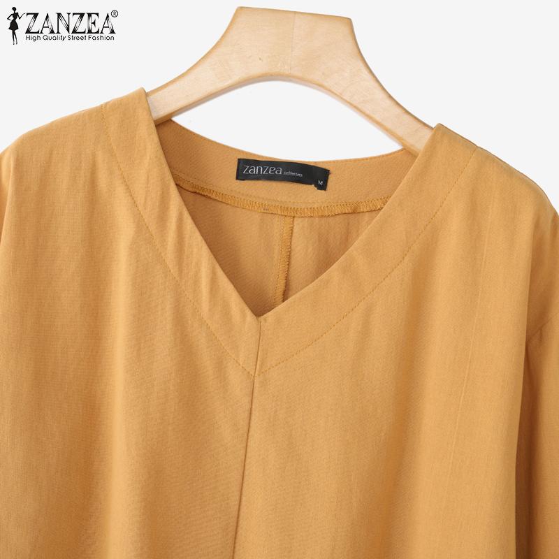 ZANZEA Women Loose Casual V-Neck Solid Color 3/4 Sleeve Cotton Blouse