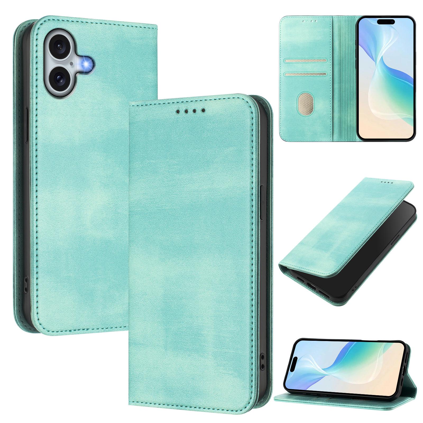 

For iPhone 16 Plus Wallet Cases Retro Texture RFID Blocking Leather Phone Cover Mint Green