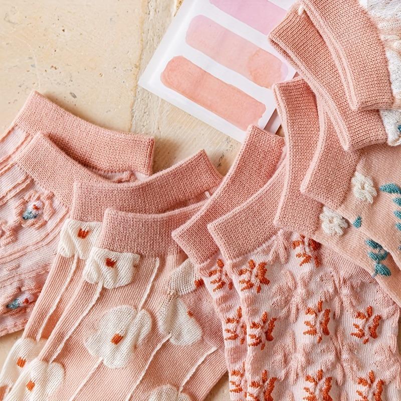 5 párů Kawaii roztomilých květinových 3D texturovaných kotníkových ponožek - Tenké ponožky nízkého střihu ve vintage stylu pro ženy