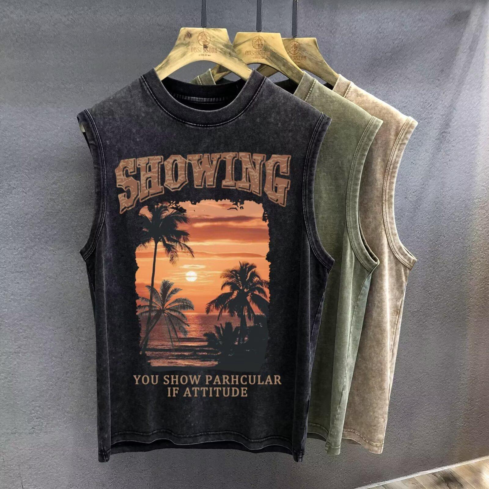 

Мужская печатная футболка без рукавов Мужская летняя свободная модель в стиле «прилив» Тренд Простая печатная майка Топы 5XL серый