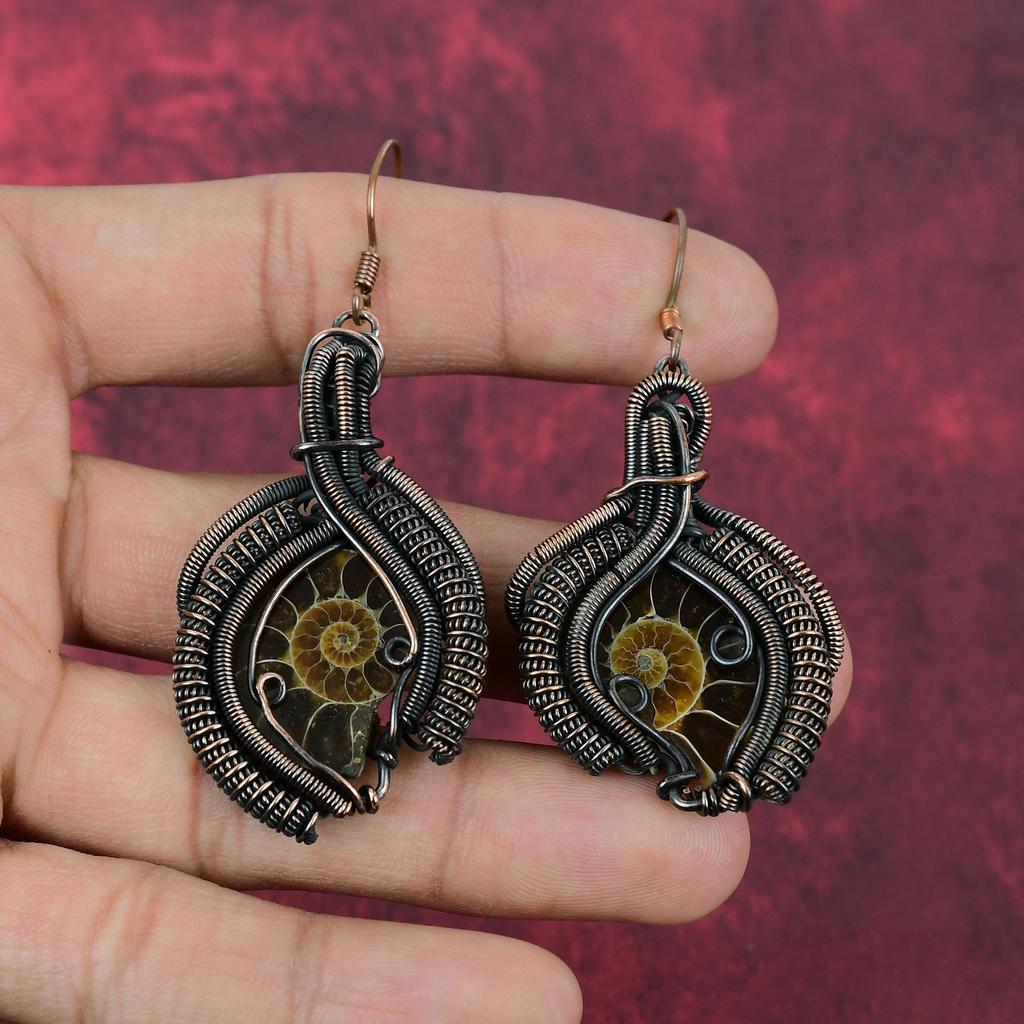 Ammonite Fossil Earring Copper Wire Wrapped Earring Handmade Copper Jewelry Original Gemstone Earring Wire Wrapping Jewelry Gifts For Mother