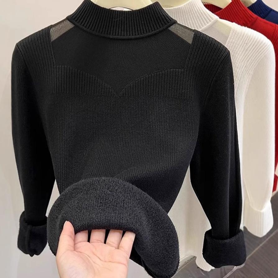 Winter Thick Sweater for Women with Velvet Half High Collar Bottom Shirt for Women