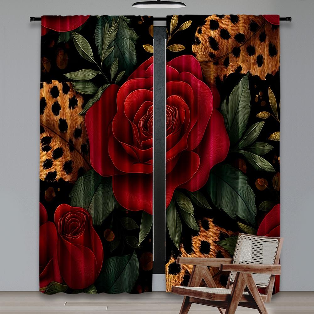 Set Of 2 Flat Printing Window Curtains Wild Roses Leopard Spots Digital Printed Polyester Drapes Party Decorations All Curtain