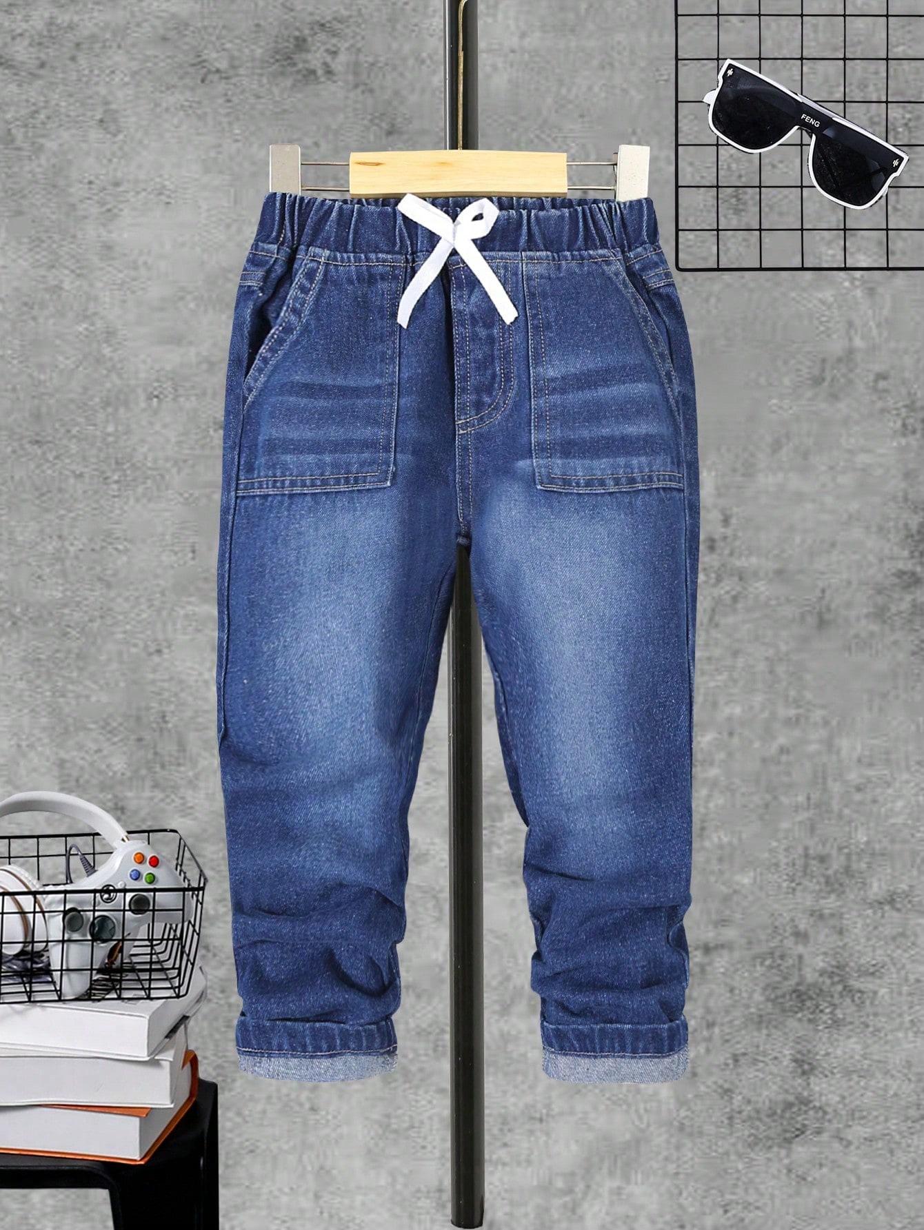 Boys  Stylish & Versatile Blue Denim Jeans — Featuring Unique Whiskering, White Rope Accents, and a Cool Street-Style Vibe 4Y глубокий/синий