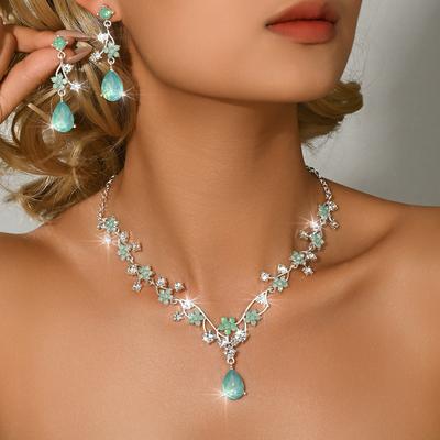 Conjunto de Pendientes y Collar Floral Azul Verde para Mujer, Elegante Regalo de Joyería para Mujeres, Perfecto para Fiestas y Uso Diario