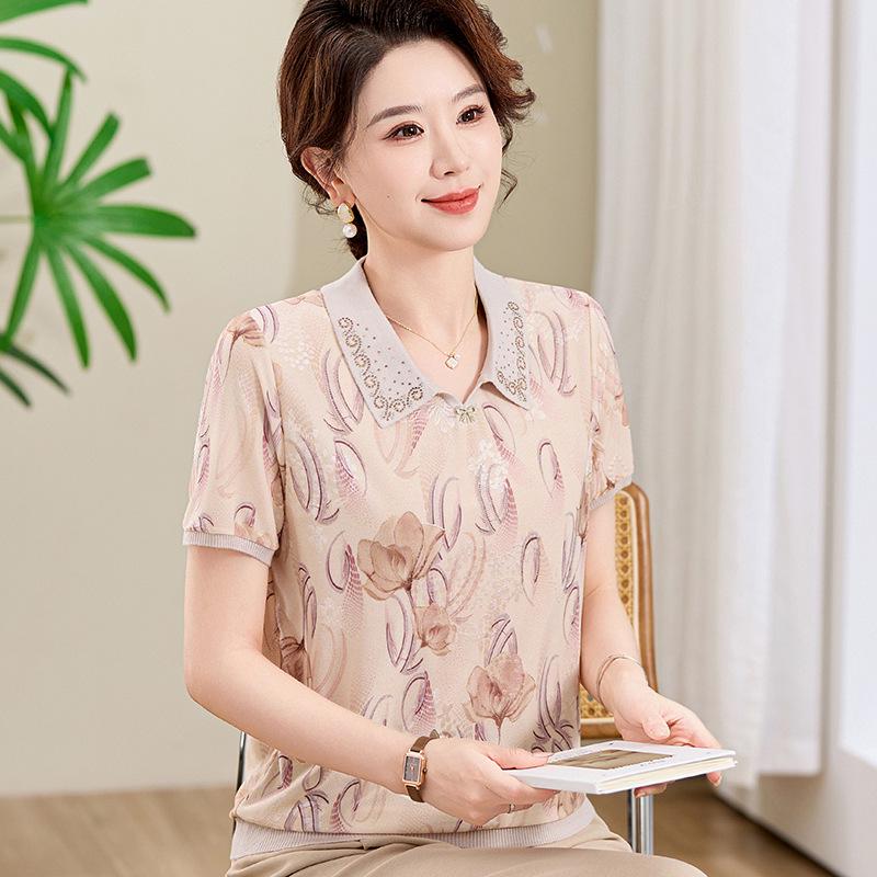 2026 Women's Short-Sleeve Ice Silk Printed Top: Versatile Lapel T-Shirt for Middle-Aged/Elderly - Perfect Mother's Summer Wear