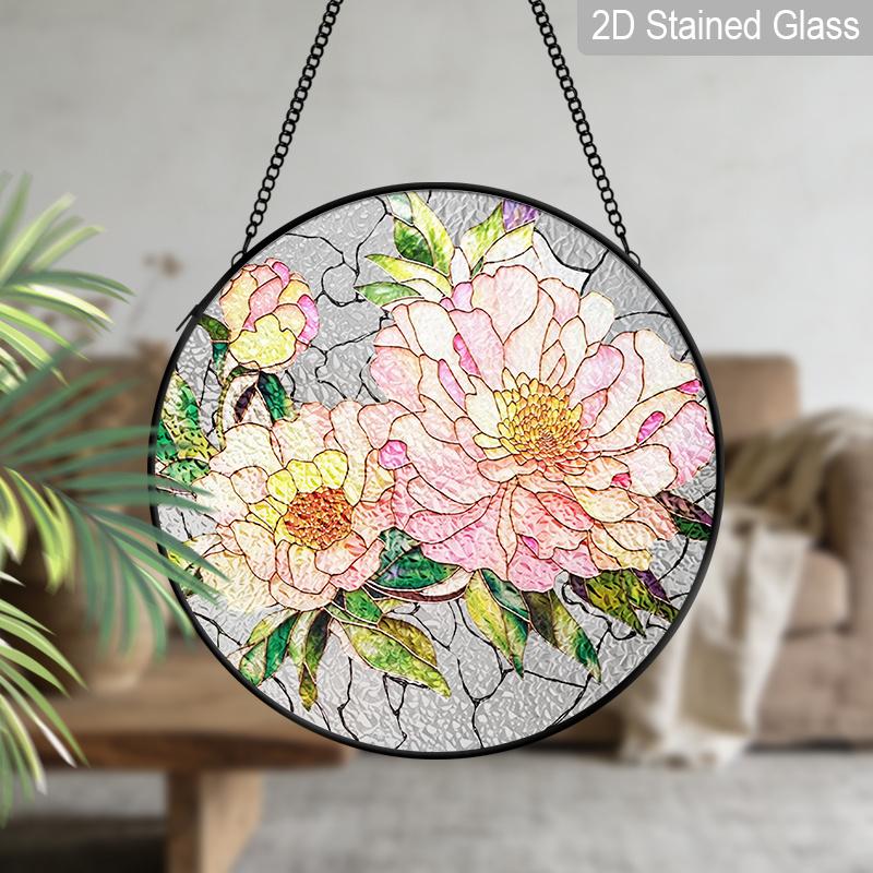 2D Flat Stained Glass Pink Peony Window Decoration, Elegant Colored Glass Plate with Chain, Charming Spring Summer Sun Catcher Wall Art Home Garden