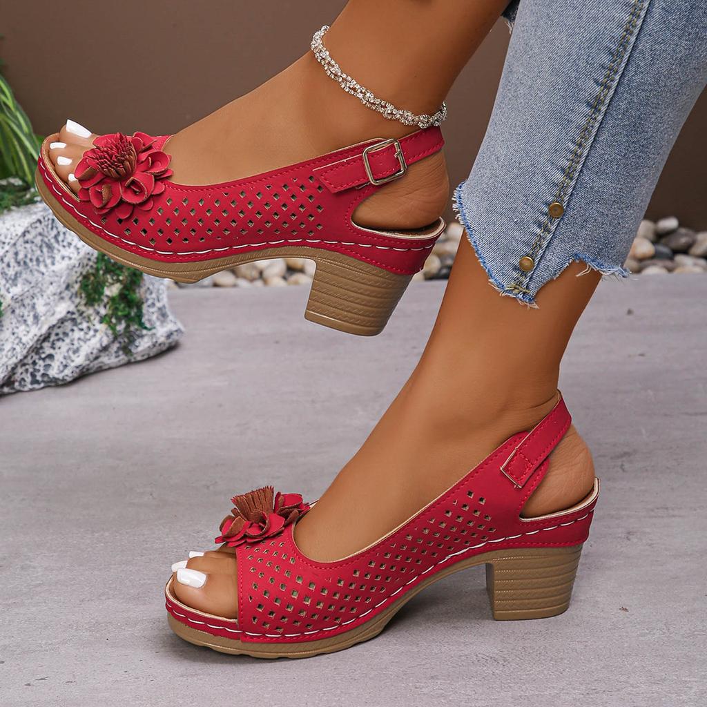 Sandálias de Flor de Verão Femininas Boca de Peixe Salto Alto Grosso Moda Casual Costura de Flores Sandália Confortável para Mulheres