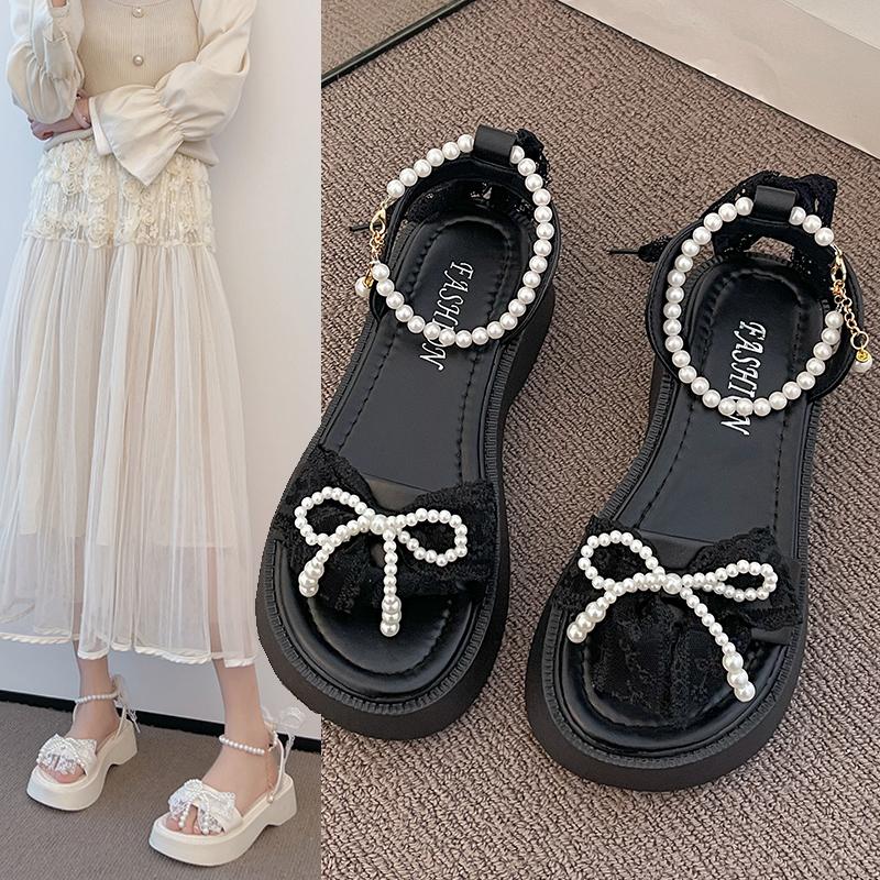 2025 Summer New Women Bow Pearl Sandals Women's Sandals Fashion Peep Toe Platform Casual Slippers for Women Plus Size Sandals