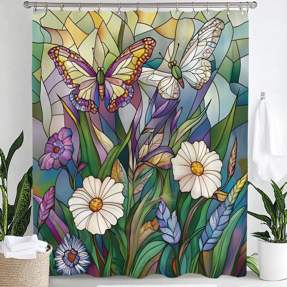 1Pc Colorful Butterflies Print Waterproof Shower Partition Privacy Hanging Curtain With Hooks Multiple Size Machine Washable