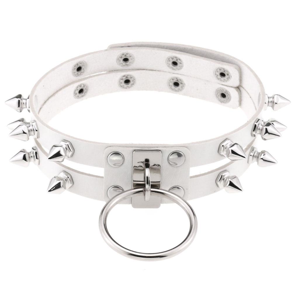 Double Line Rivet Spiked Choker, Cool Punk Hanging Ring Faux Leather Neckband