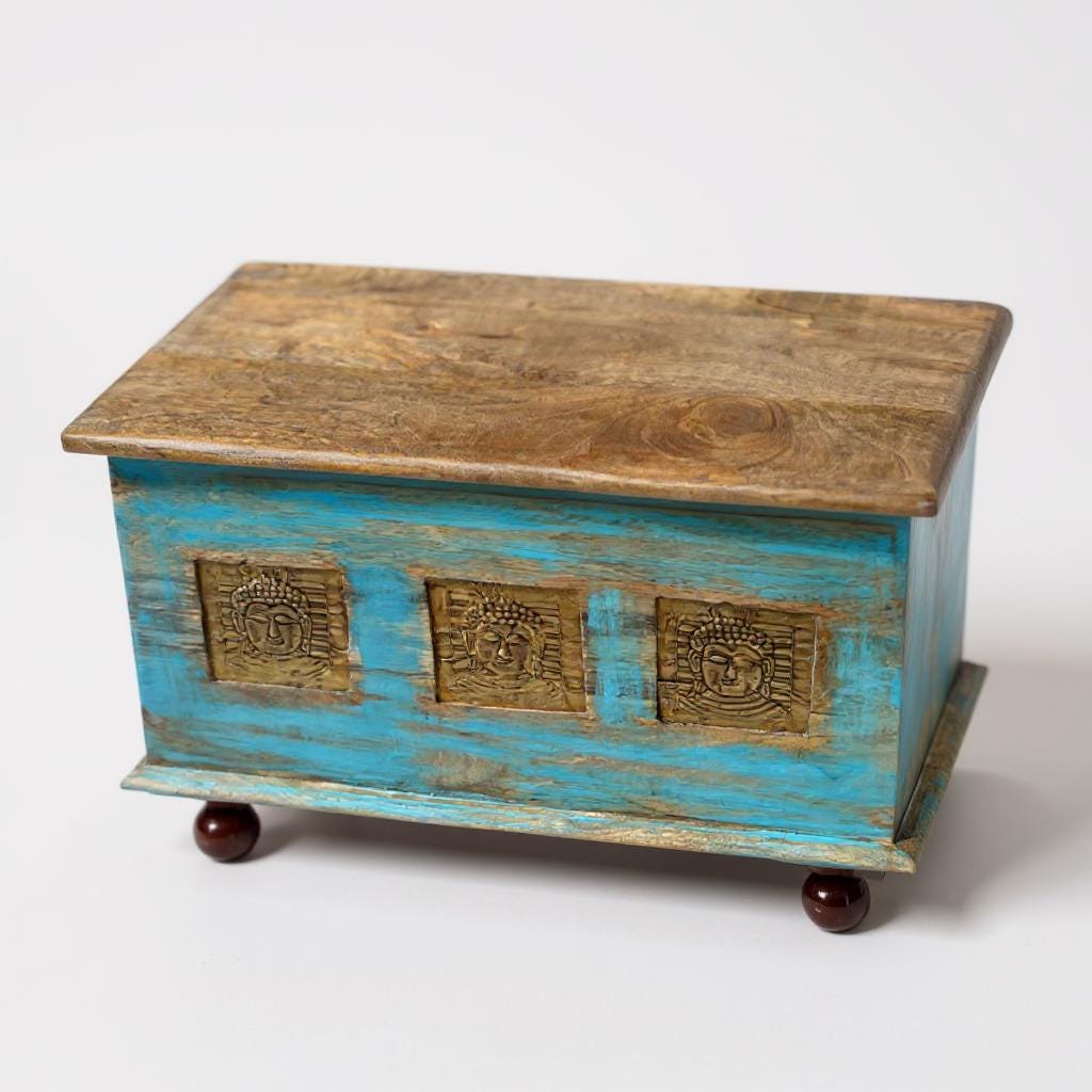 Wooden Trunk Chest Coffee Table Box Blue Distressed Storage Chest with Carved Brass Panels Budha Handcrafted Storage Distressed Blue Chest
