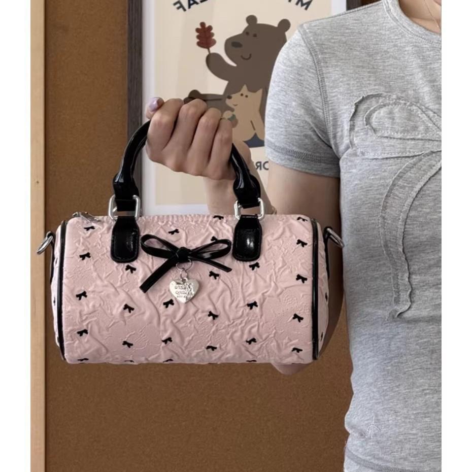 Sweet Bow Seersucker Boston Bag Women's Korean Sweet Girl Handbag Versatile Shoulder Messenger Bag