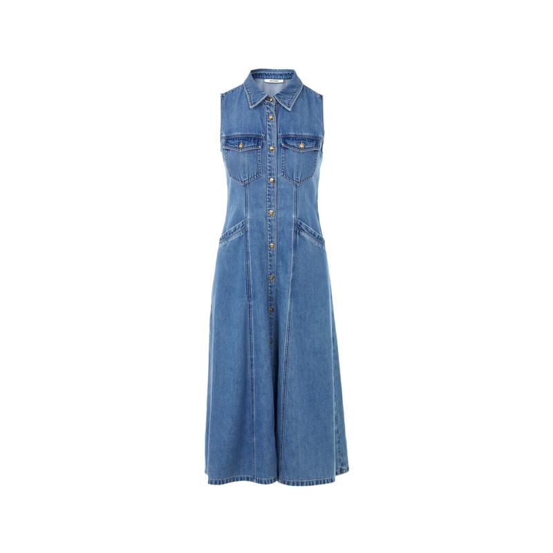 LANCY 25 Sleeveless Umbrella Hem Denim Shirt Dress