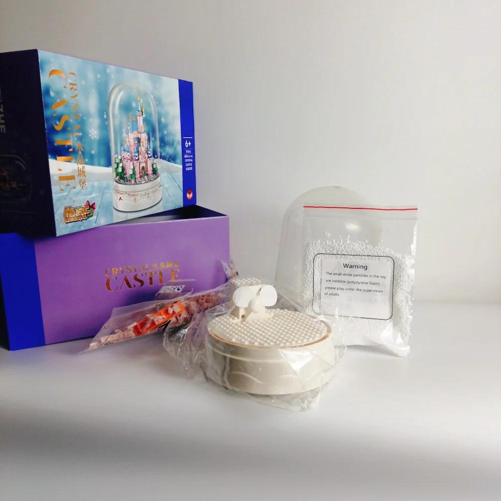 Music Snow Castle Mini Building Blocks DIY Toy with Fan Snow Effect Acrylic Cover Perfect Home Decor Gift for Kids Adults