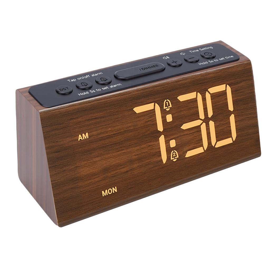 Digital Alarm Clock Wooden LED Dimmable USB Plug in Electric Desk Clock Loud Alarm with Adjustable Volume Snooze for