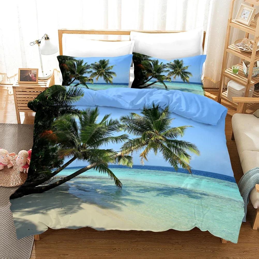 Tropical Island With The Palm Tree Comfortable Duvet Quilt Cover Pillowcase Bedding Set Children Bedroom Decoration Home Textile
