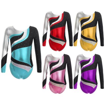 Girls Dance Leotard Long Sleeve Rhinestone Contrast Bronzing Fabric for Ballet or Jazz Performances