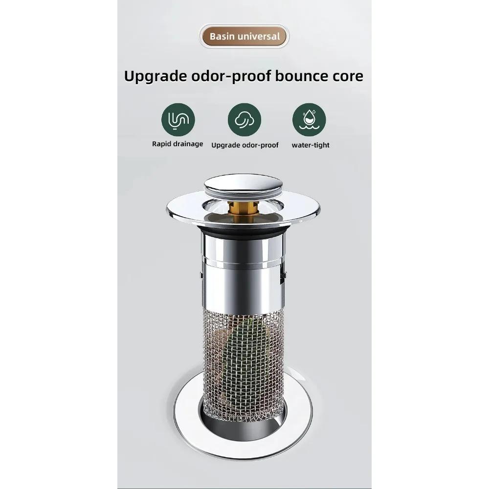 Stainless Steel Odor Proof Bouncing Core Press Type Sink Drain Universal Accessory for Washbasin Washbasin Leak Plug