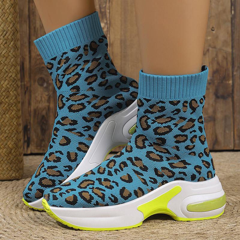Fashion Fashion Leopard Print Platform Ankle Boots Women Comfy Slip On Breathable Knitted Boots Woman Plus Size 35-43 Wedges Short Boots