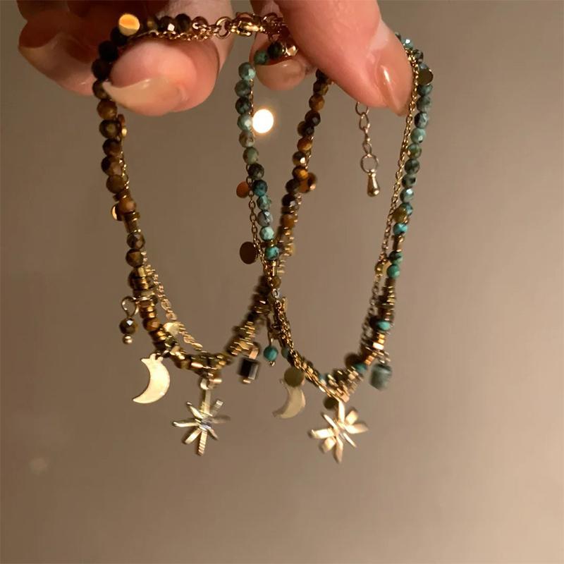Vintage Natural Stone Double Layered Beads Bracelets For Women  Metal Mang Star Pendant Bracelets Charm Jewelry Gifts