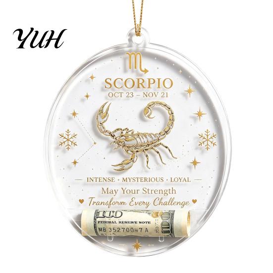 Gift Box Accessories Christmas Tree Money Holder Pendant, Transparent Acrylic Round Hanging Ornament, 12 Festive Home Decor Zodiac Signs Theme