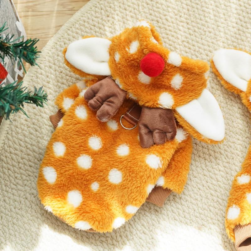 Pet Christmas Costume Deer Print Hooded Warm Outfit Medium Dogs Cats Winter