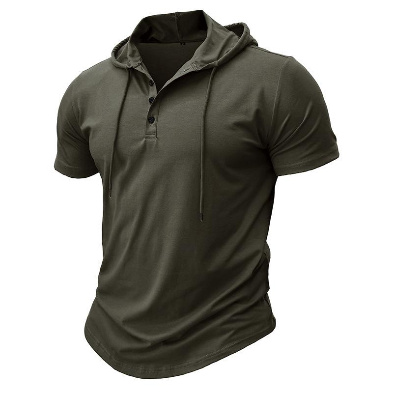 Men Green Short Sleeve Hooded Henley Neck Drawstring Casual Summer T Shirt