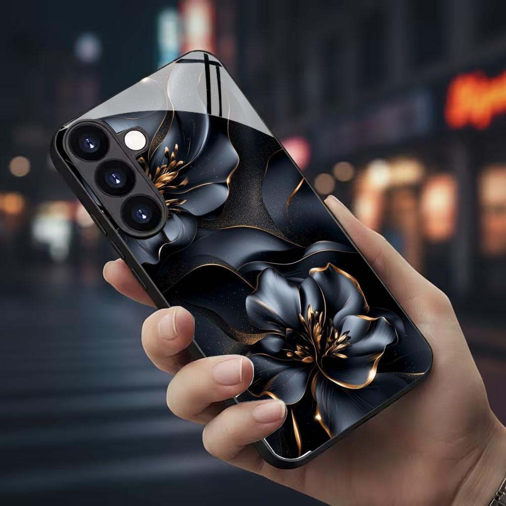 Schwarze Blumen Handyhülle Glas-Handyhülle für Samsung Galaxy S26 22 23 24 25 PLUS S21 22 23 24 25 ULTRA