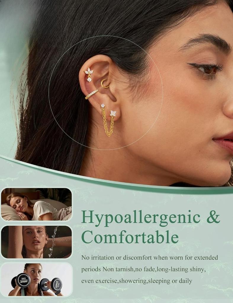 Orecchini per Cartilagine Calibro 16 per Donna Dorso Piatto Ipoallergenici Acciaio Chirurgico 316L Orecchino a Perno Cerchio Set Impilabile Gioielli Piercing
